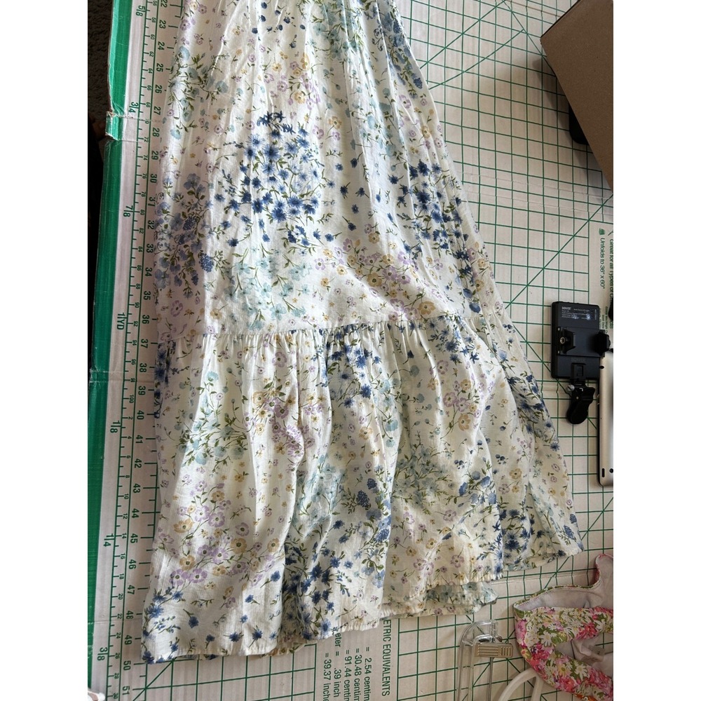 By River Floral Smocked Midi Dress Blue White Ruffle Small Cottage Boho Fairy - Picture 7 of 10